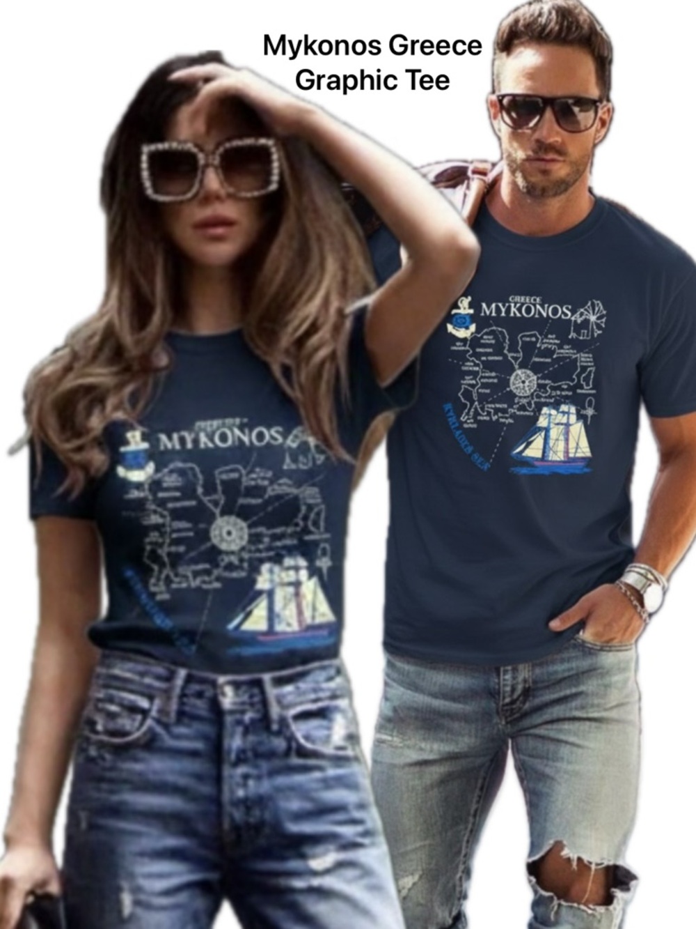 Navy Style Mykonos Greece Map Sailboat Graphic Tee Cotton Blue M